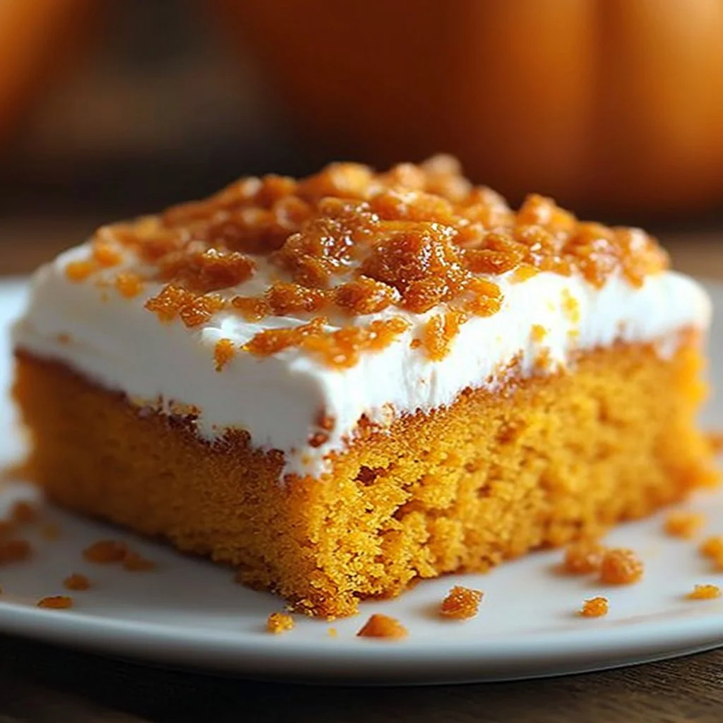 Slice of Caramel Pumpkin Poke Cake topped with whipped cream and caramel drizzle