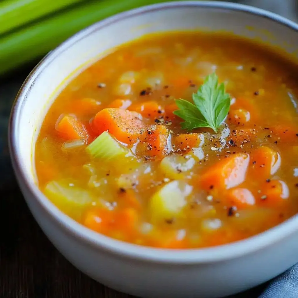 A bowl of Carrot and Celery Soup garnished with herbs