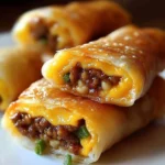 Crispy cheeseburger egg rolls filled with beef, cheese, and veggies