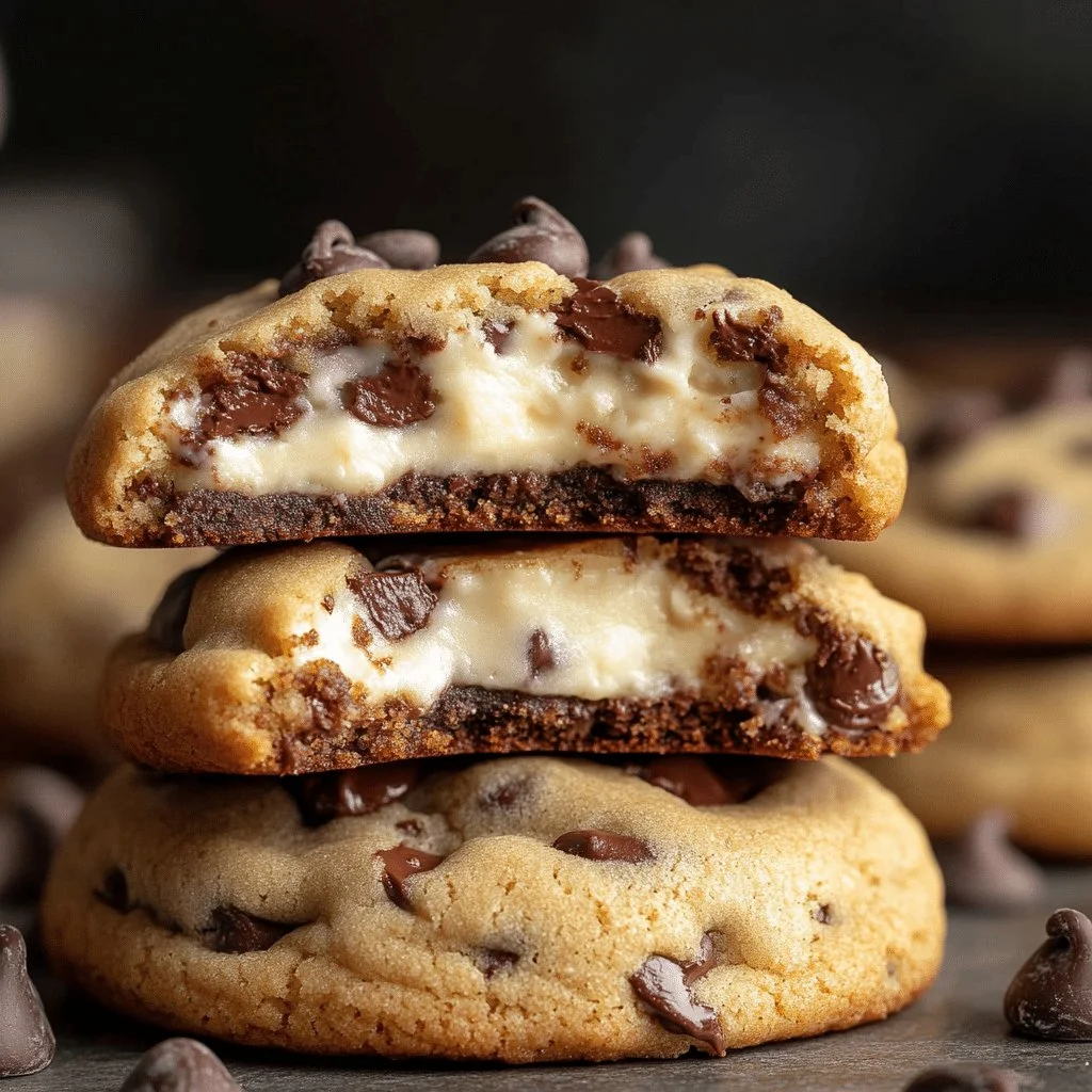Delicious cheesecake stuffed chocolate chip cookies fresh from the oven