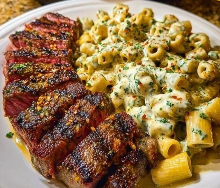 Cheesy Cajun Garlic Butter Steak with Creamy Rigatoni