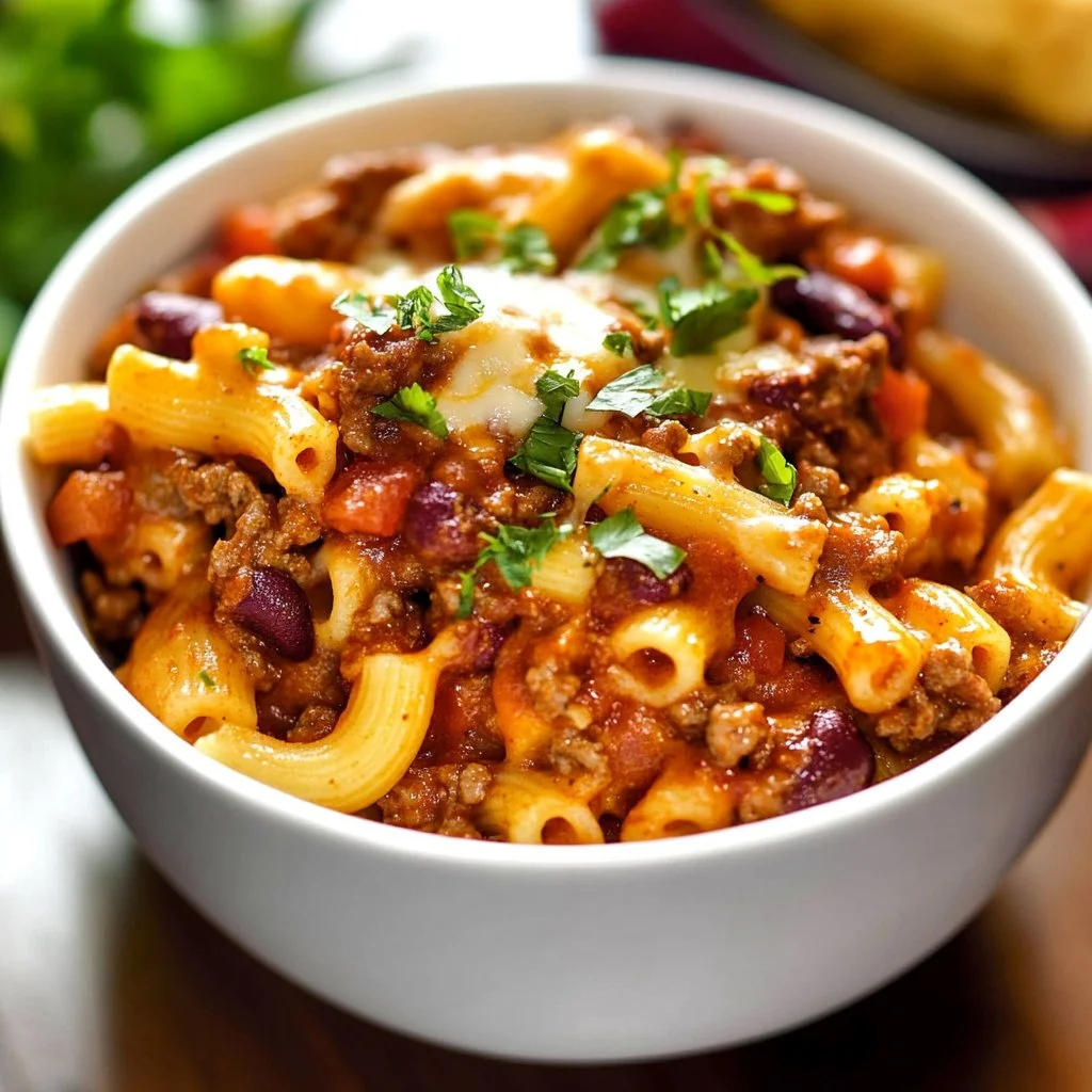 A bowl of Cheesy Chili Mac topped with cheese and herbs, perfect comfort food.