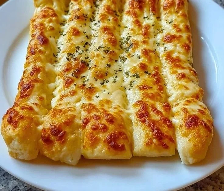 Cheesy garlic breadsticks fresh out of the oven, topped with melted cheese and garlic.