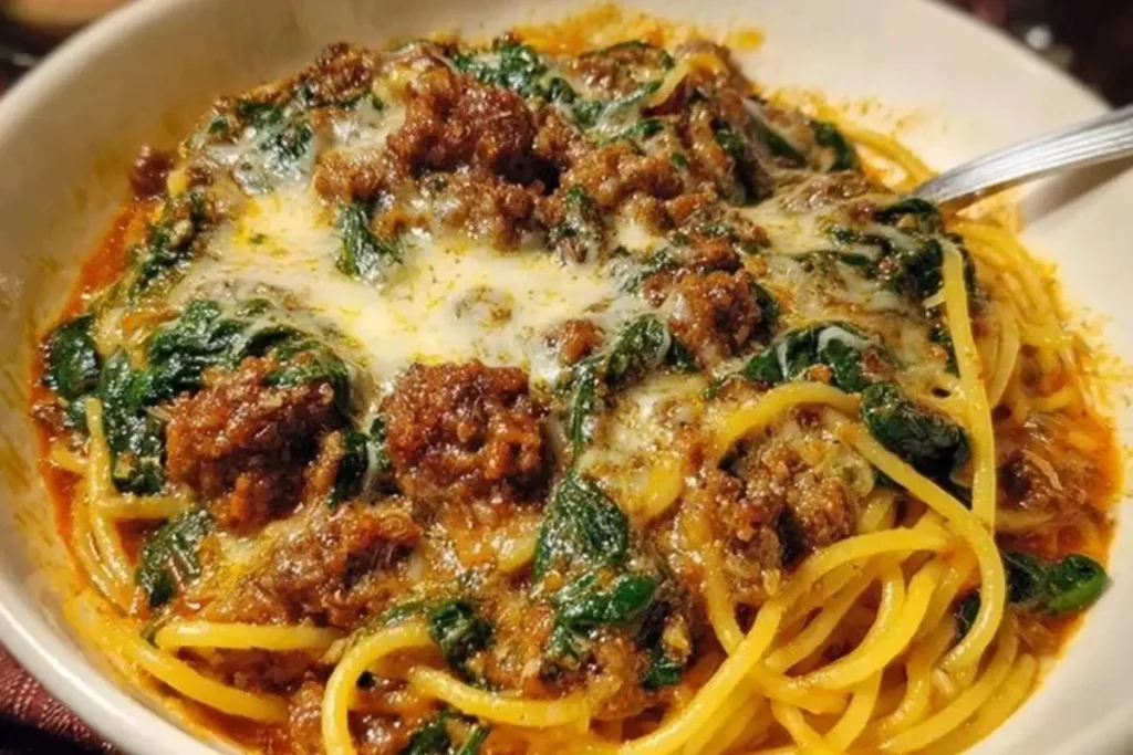 Cheesy garlic butter spaghetti with Italian sausage and spinach on a plate