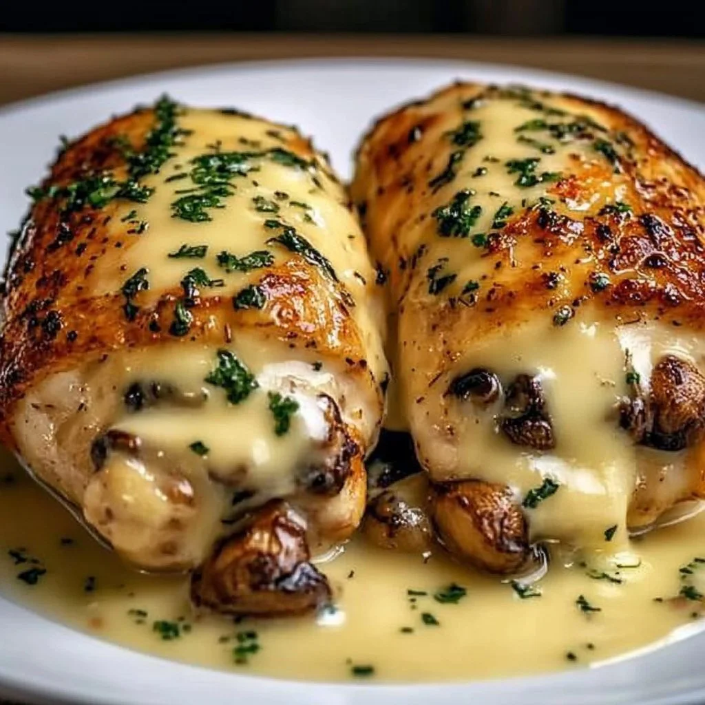 Cheesy garlic mushroom chicken dish served with fresh herbs and melted cheese