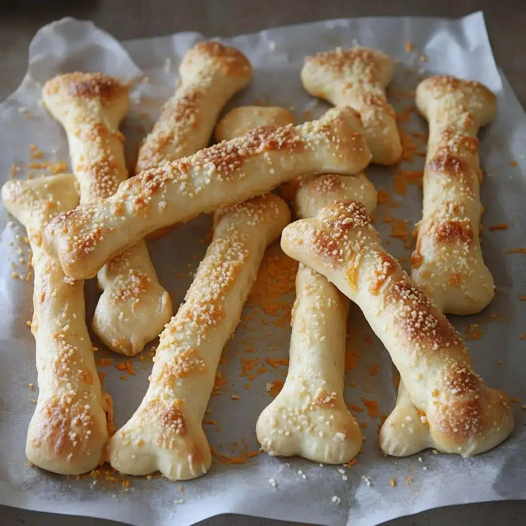 Cheesy Halloween breadstick bones arranged on a spooky platter