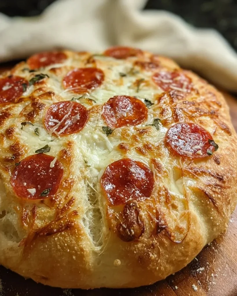 Cheesy pepperoni sourdough pizza bread topped with fresh ingredients
