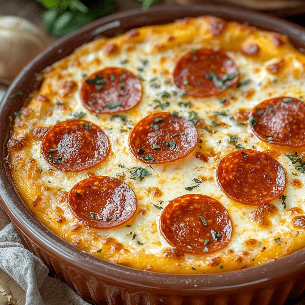 Cheesy pizza dip served with crispy breadsticks and fresh herbs.