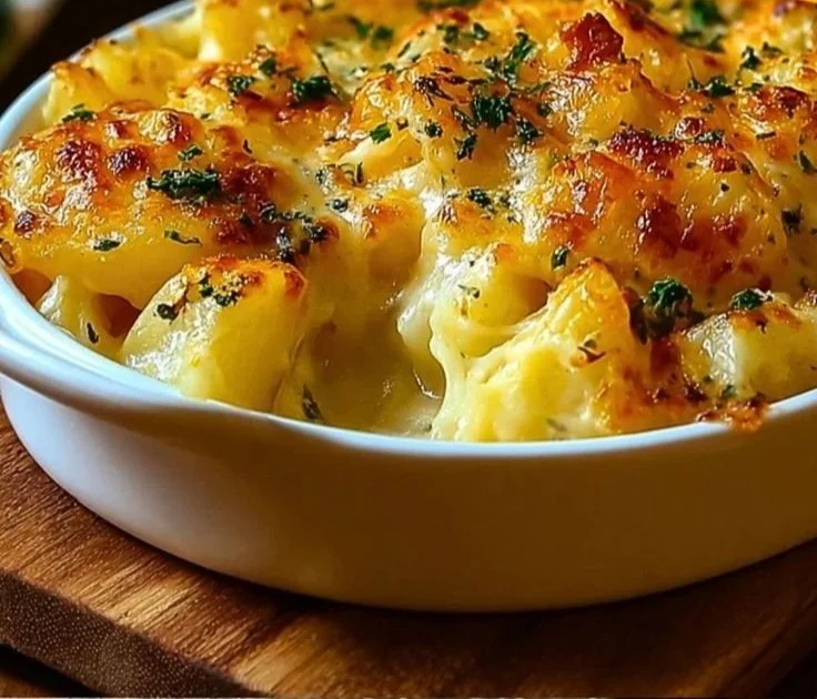 Baked cheesy potatoes topped with melted cheese and herbs