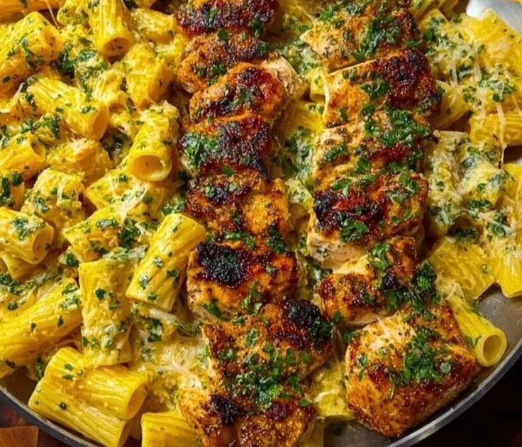 A delicious serving of Cheesy Rigatoni with Garlic Parmesan Chicken topped with herbs.