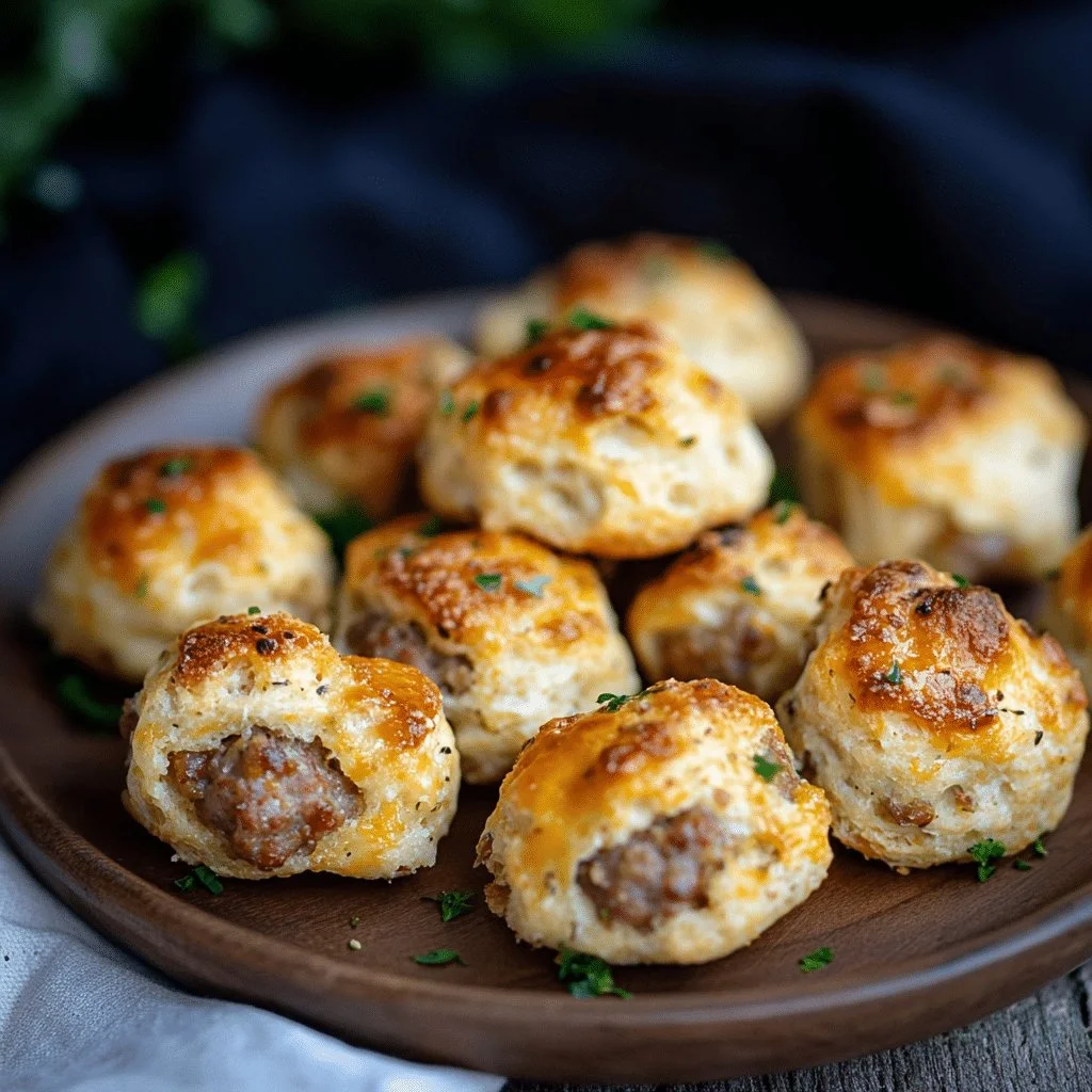 Cheesy sausage biscuit bites on a plate with melted cheese and sausage