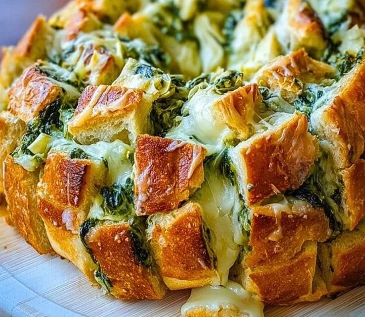 Cheesy spinach artichoke pull-apart sourdough bread with fresh ingredients
