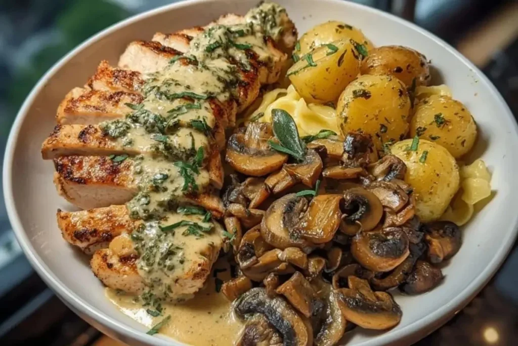 Chestnut Garlic Greek Chicken Alfredo served with pasta and fresh herbs