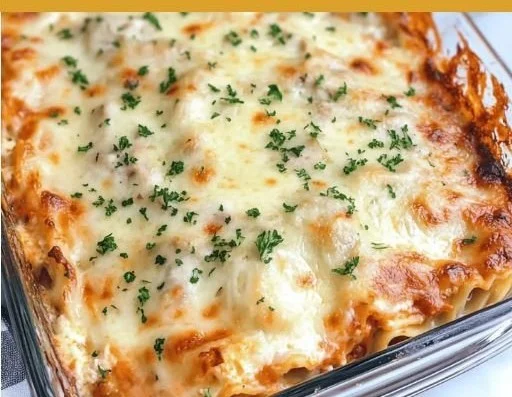 Delicious Chicken Alfredo Lasagna with creamy sauce and melted cheese.