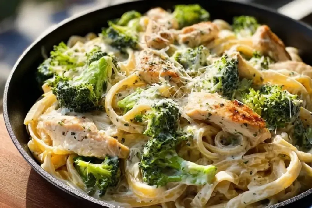 Delicious Chicken Broccoli Alfredo Pasta served in a bowl
