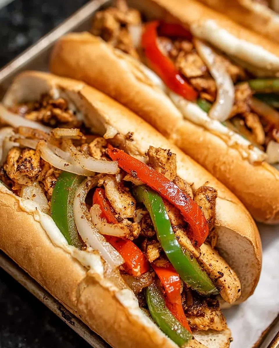 Delicious Chicken Philly Cheesesteak with melted cheese and fresh vegetables