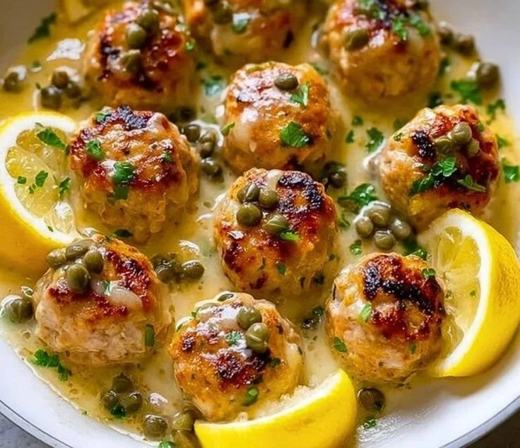 Delicious Chicken Piccata Meatballs served with lemon and capers