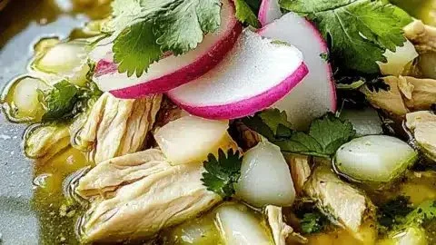 Bowl of Chicken Pozole Verde topped with fresh garnishes and lime