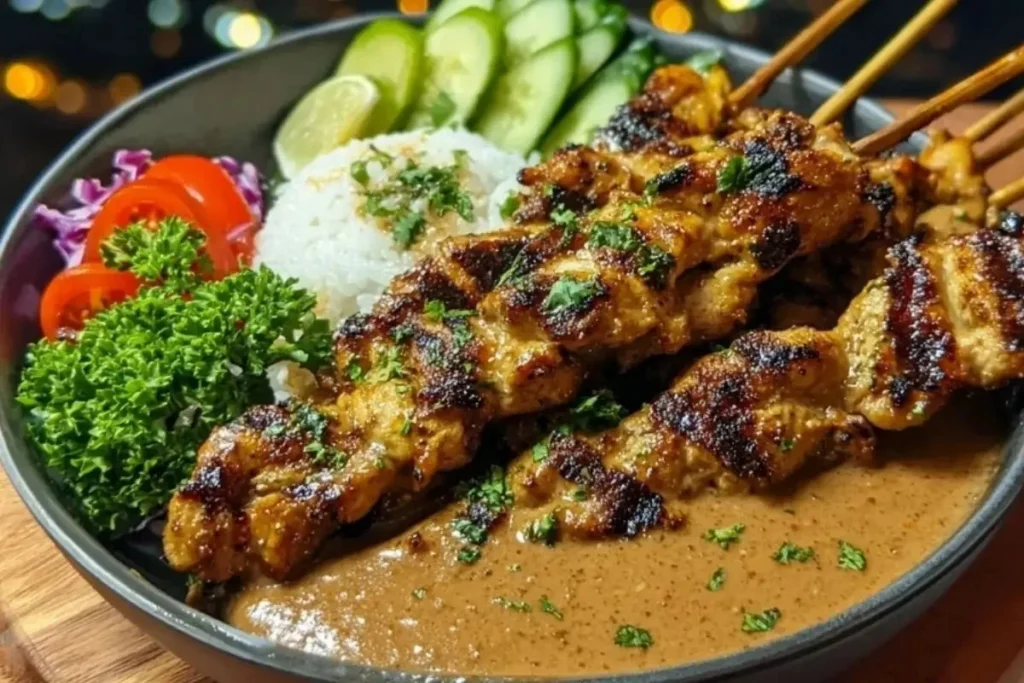 Delicious Chicken Satay served with a creamy Thai peanut sauce.