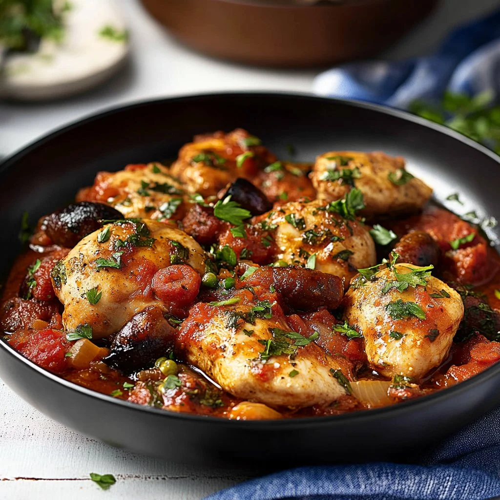 Delicious Chicken Scarpariello with Sausage served on a plate with herbs.