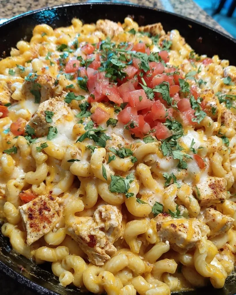 Delicious Chicken Taco Mac Cheese dish garnished with fresh toppings