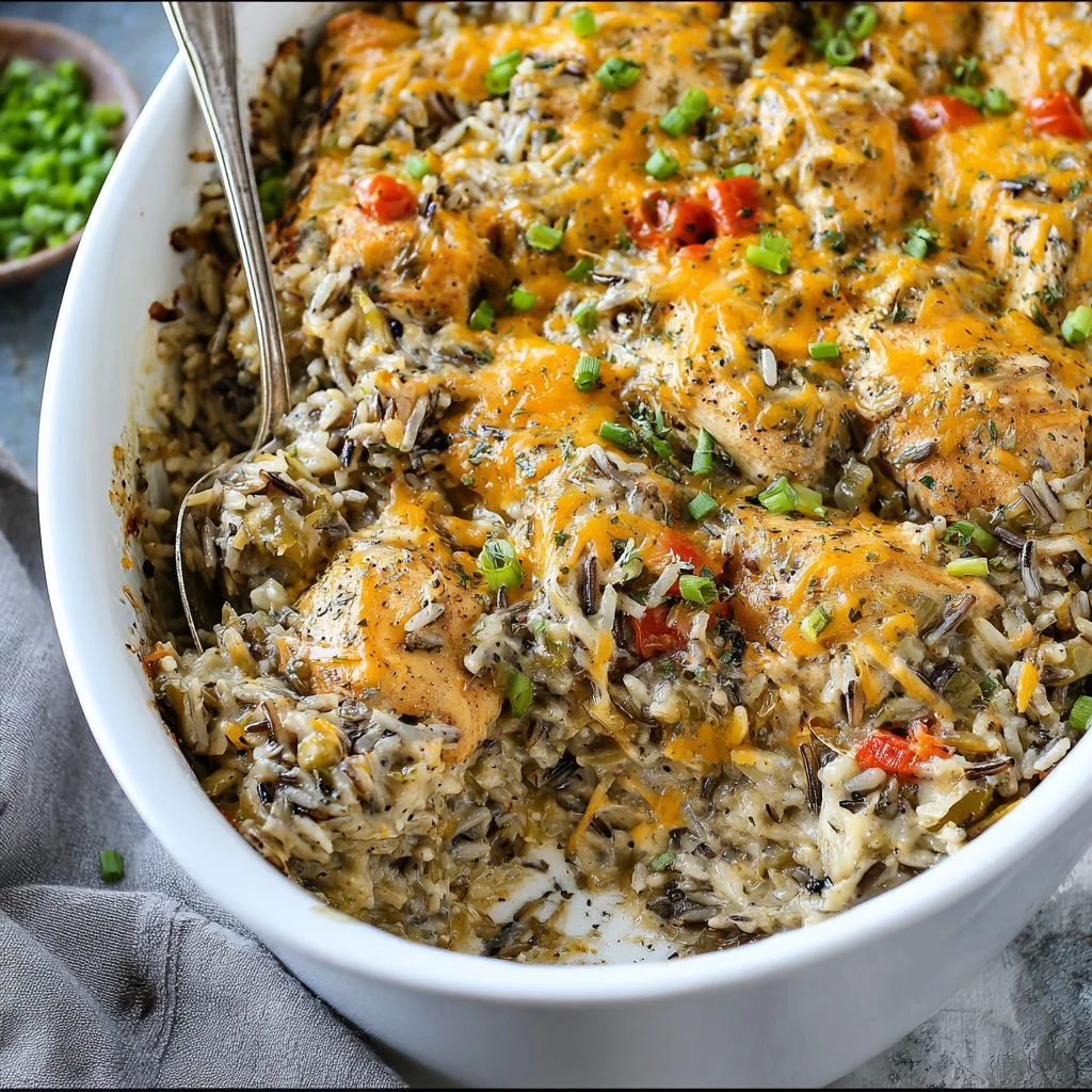 Delicious Chicken Wild Rice Casserole with creamy sauce and vegetables