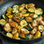 Healthy Chicken Zucchini Skillet with vegetables in a frying pan