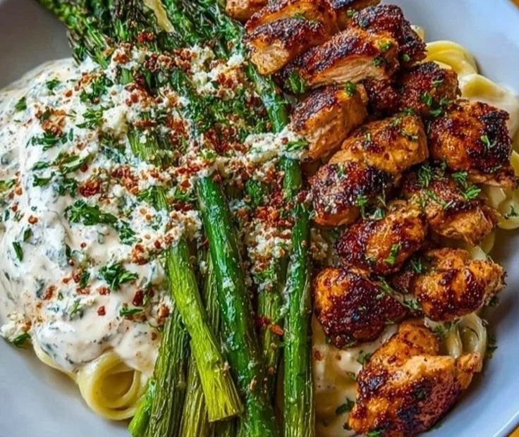 Chili Chicken Alfredo with smoked feta sauce and crispy Parmesan asparagus