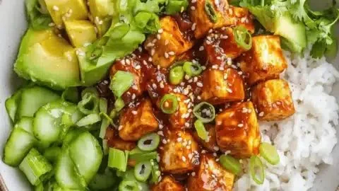 Chili Crisp Tofu bowls topped with fresh vegetables and spices