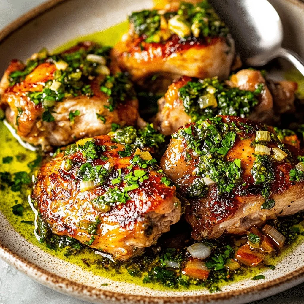 Grilled Chimichurri Chicken Thighs garnished with fresh herbs and spices
