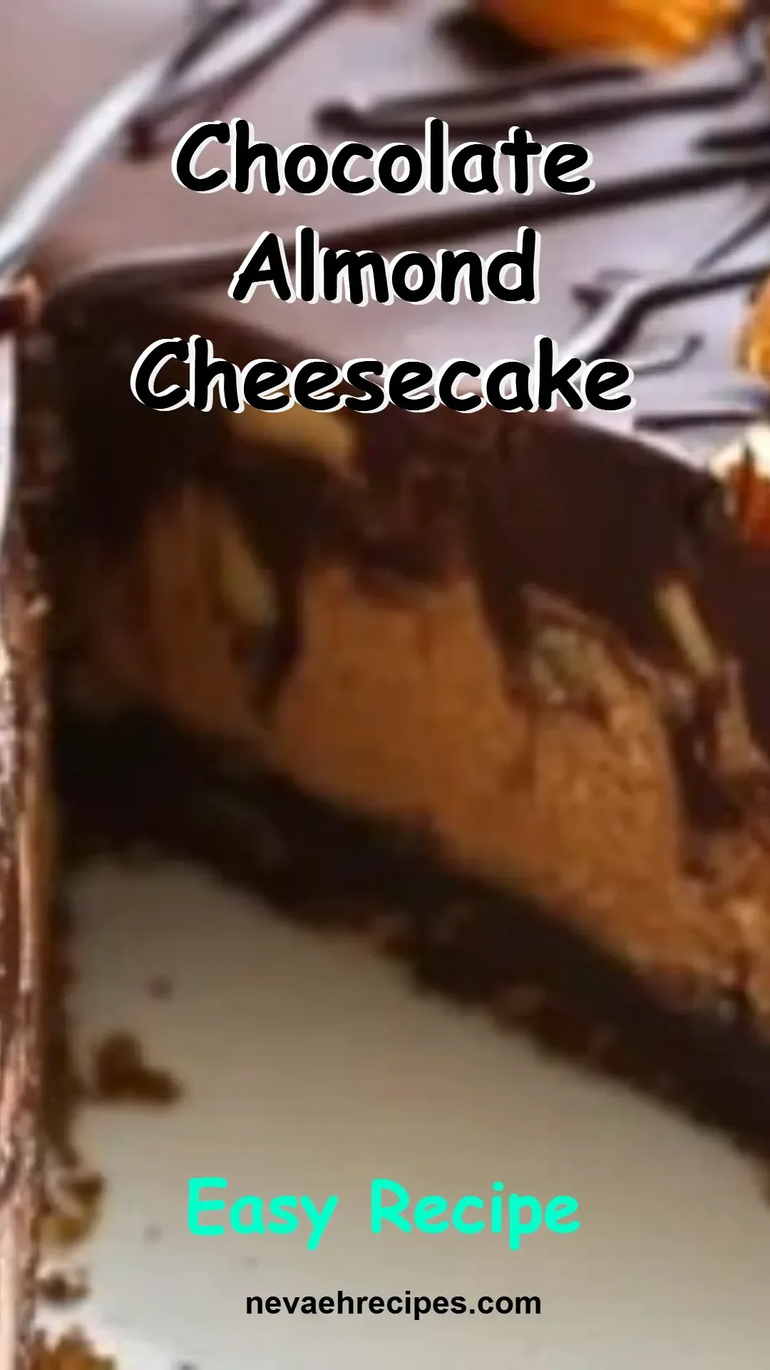 Chocolate Almond Cheesecake topped with slivered almonds and chocolate sauce