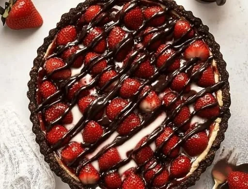 Delicious Chocolate Covered Strawberry Pie with fresh strawberries and chocolate.