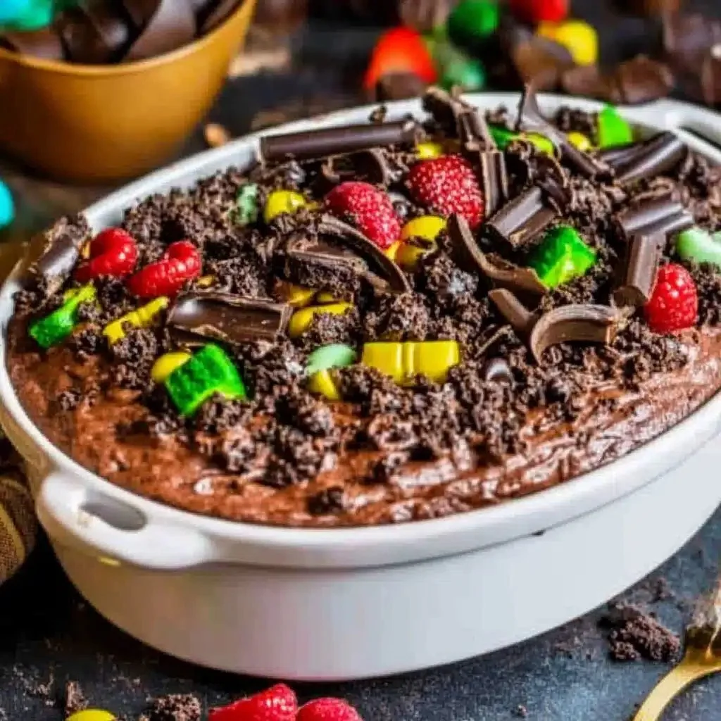 Delicious chocolate pudding dirt cake topped with crushed cookies and gummy worms