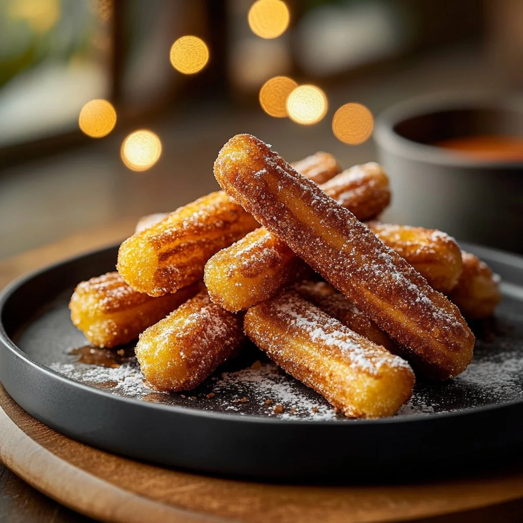 Bite-sized Churros Poppers coated in cinnamon-sugar on a plate.