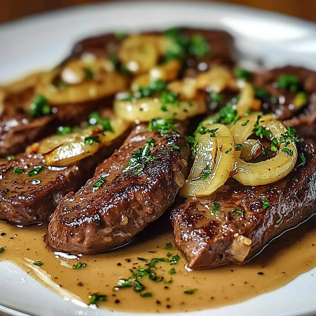 Plate of classic beef liver sautéed with caramelized onions