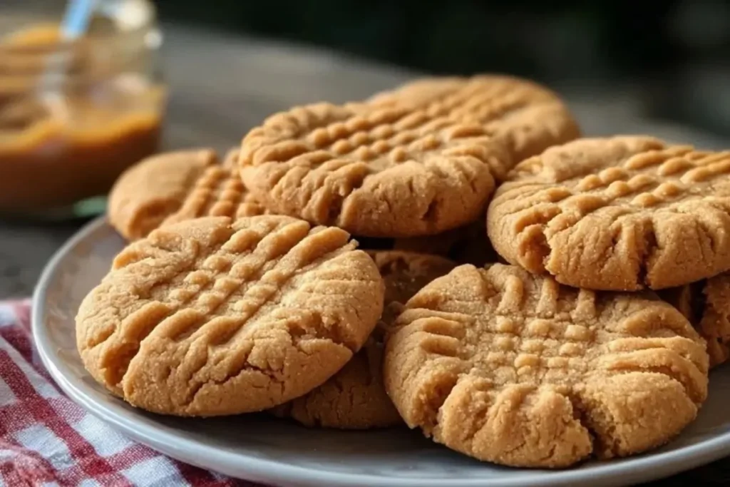 Baking classic peanut butter cookies on a wooden counter with ingredients
