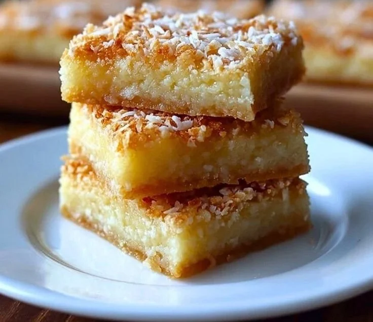 Homemade Coconut Butter Bars stacked on a wooden board