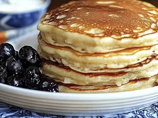 Stack of fluffy Coconut Cream Pancakes topped with coconut flakes and syrup