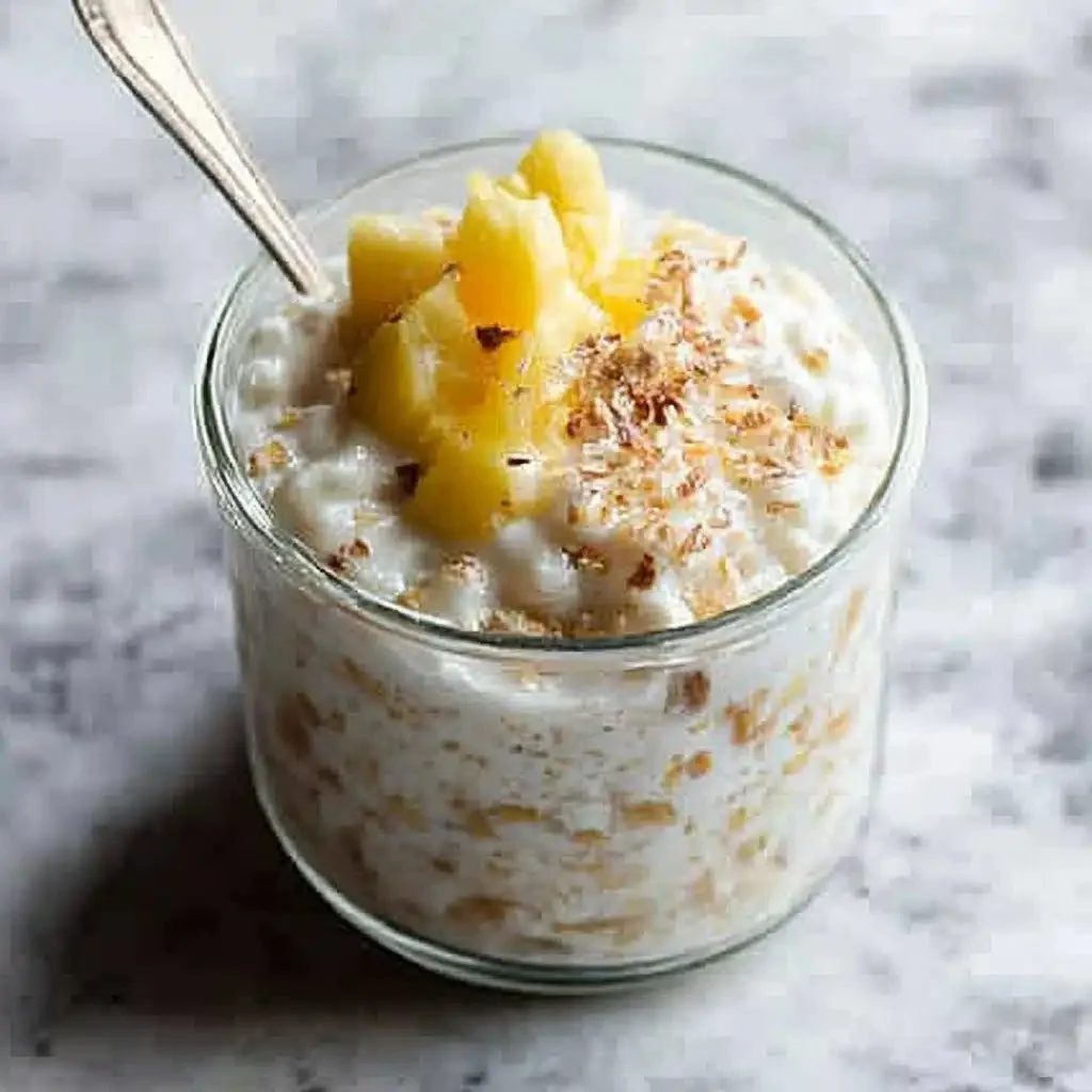 Coconut Cream Pie Overnight Oats topped with coconut flakes and fruit