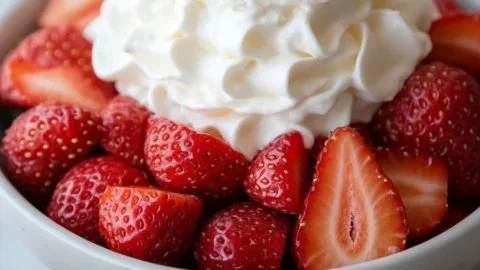 Coconut whipped cream topped with fresh strawberries in a bowl
