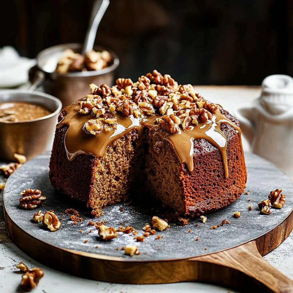 Delicious Coffee Walnut Loaf Cake topped with walnuts and coffee essence