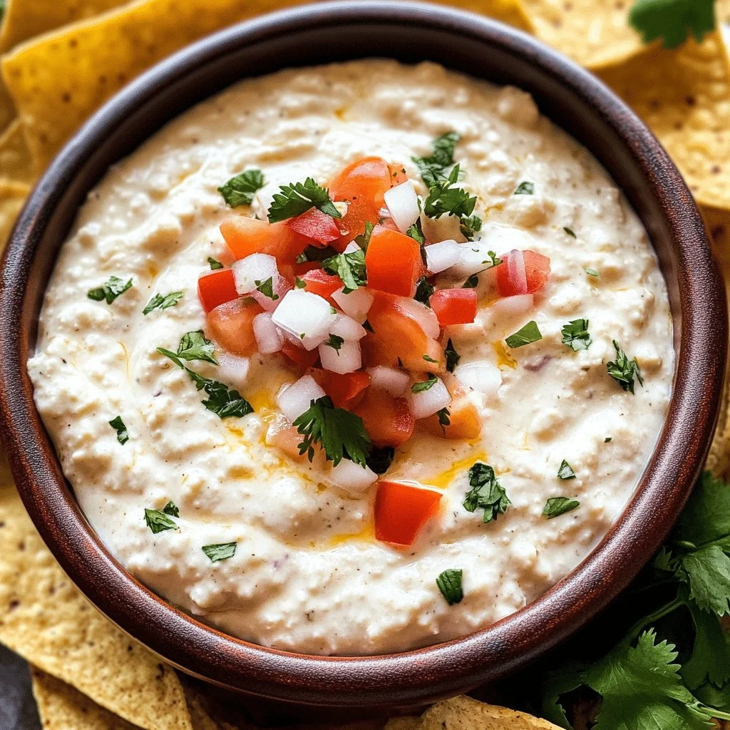 Creamy cottage cheese queso served in a bowl with tortilla chips