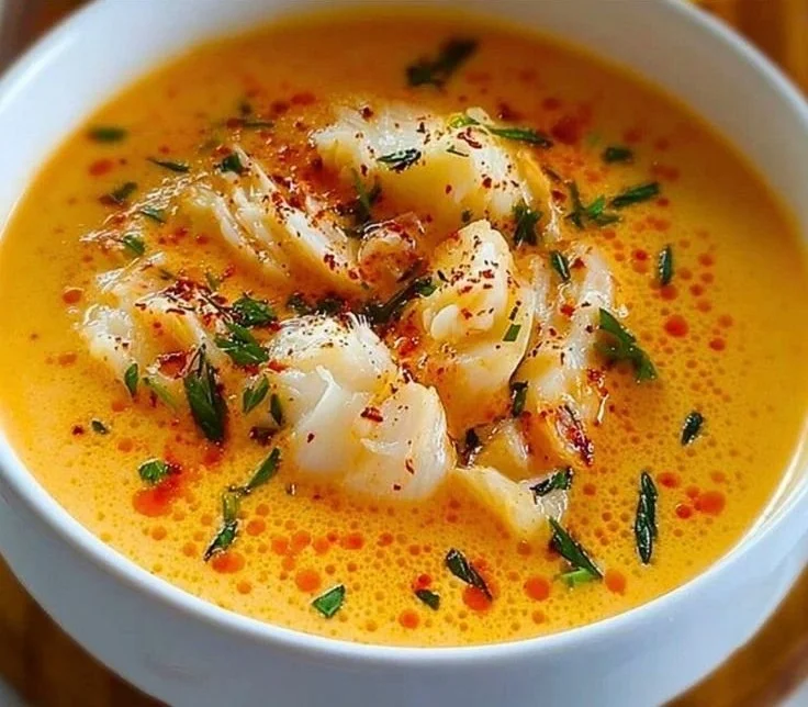 Delicious bowl of creamy Crab Bisque, garnished with fresh herbs and crab meat.