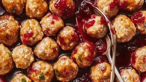 Cranberry-Glazed Turkey Meatballs served on a cozy dinner table