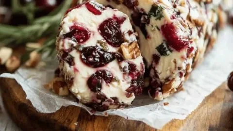Cranberry pecan cheese log on a wooden serving board with crackers