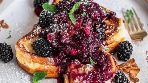 Cream Cheese Stuffed Blackberry Compote French Toast garnished with berries