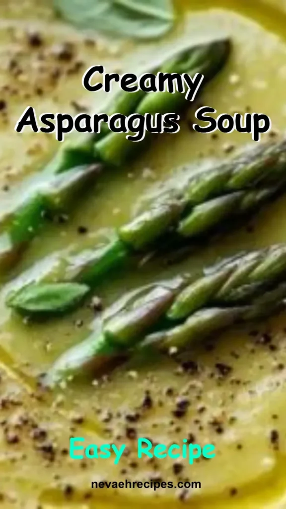 Bowl of creamy asparagus soup garnished with fresh asparagus tips