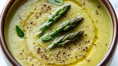 Bowl of creamy asparagus soup garnished with herbs