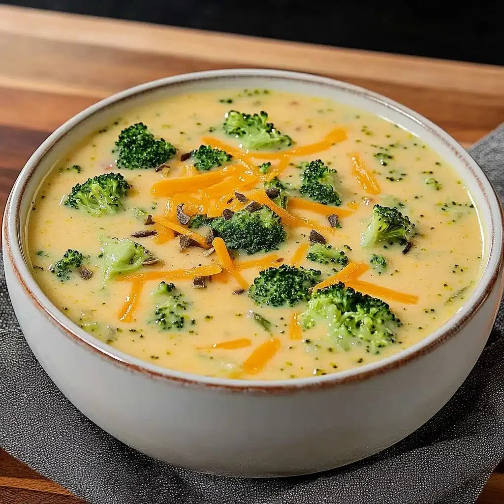Bowl of creamy broccoli cheddar soup garnished with cheese