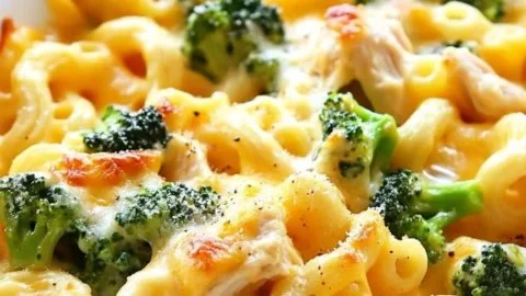 Creamy broccoli chicken mac and cheese dish served in a bowl